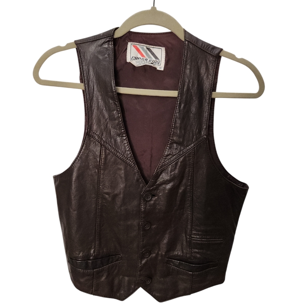 Vintage 1970s Chess King 100% Leather Brown Biker Vest Size Small